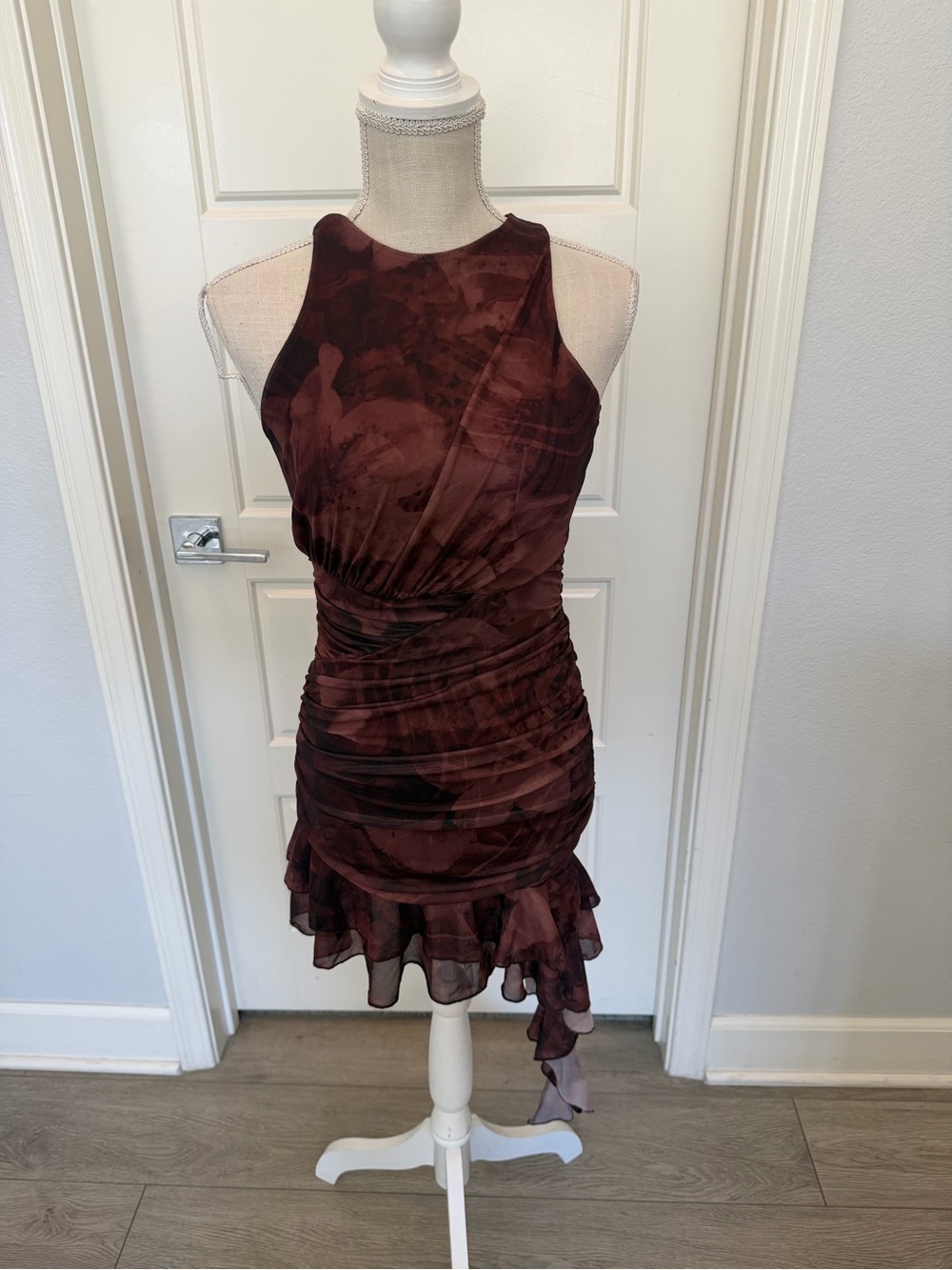 Fashion Nova Burgundy Ruched Halter Mini Dress